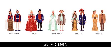 Premium Vector  Historical epochs fashion history clothes design and  dressing vector medieval and gothic renaissance and baroque rococo and  biedermeier 1900s and 20s 30s and 40s 50s and 60s 70s and