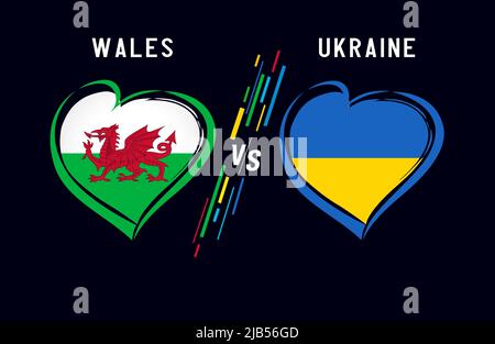 Flag hearts emblem on black background Wales vs Ukraine. National team soccer Welsh and Ukrainian, flag icons. Europe football playoff qualifiers 2022 Stock Vector