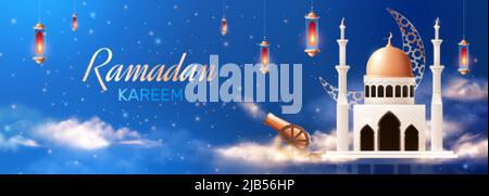 Luxury Eid Mubarak with realistic clouds, 3d golden mosque and ...