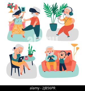 Elderly people have fun using modern technology design concept flat vector illustration Stock Vector
