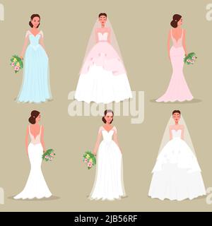 Set of brides in beautiful dresses and hairstyles with bouquets in their hands. Vector illustration flat style Stock Vector
