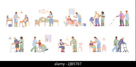 Flat set with caregivers and nurses taking care of elderly men and women isolated vector illustration Stock Vector