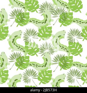 Seamless pattern of cute dinosaurs and tropical leaves. Cartoon vector style. Abstract green background of dinosaurs on white background Stock Vector