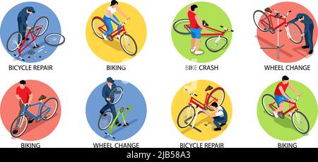 Biking isometric set of bike crash bicycle repair wheel change compositions isolated vector illustration Stock Vector