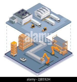 Modern warehouse colored isometric concept two story warehouse complex from the inside with parking on the second floor and production belt on the fir Stock Vector