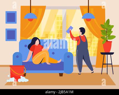 Windows cleaning flat composition with living room scenery and woman sitting on sofa with working man vector illustration Stock Vector