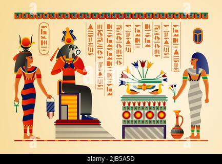 Egyptian culture mythology rituals ancient gods scenes symbols hieroglyphs temples vases tombs papyrus scroll fragment vector illustration Stock Vector