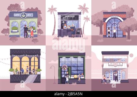 Set of six flat compositions with facade of various commercial buildings and people eating drinking smoking outdoors isolated vector illustration Stock Vector