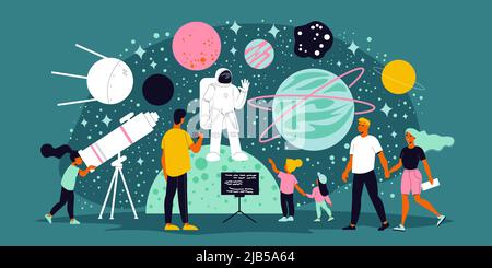 Planetarium abstract horizontal colored illustration with astronaut satellites comets asteroids telescope elements flat vector illustration Stock Vector