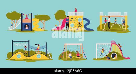 Flat set with children swinging climbing playing riding scooter on kids playground isolated on color background vector illustration Stock Vector