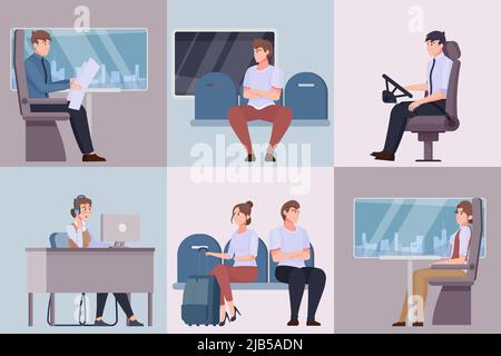Public transport six square compositions set of dispatcher bus driver characters and people traveling in train and subway car flat vector illustration Stock Vector