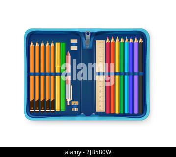 Realistic open pencil case in blue color with various school accessories for writing and drawing vector illustration Stock Vector