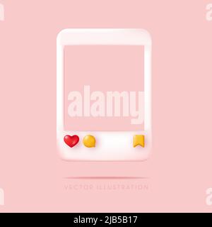 Social media photo frame with heart love button, sending messages, save icons. Vector illustration in minimal 3D style Stock Vector