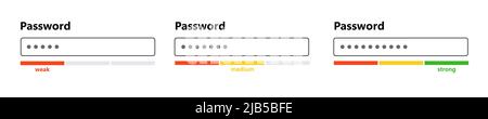 Password weak, medium and strong interface. Password form template for website. Digital security bar. Safety requirement. App design layout interface Stock Vector