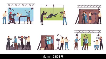 Movie production compositions flat set of video shooting scenes in pavilion and outdoors isolated vector illustration Stock Vector