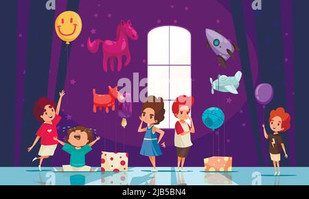 Toys shop cartoon background with group of kids holding balloons shaped like rockets helicopters animals flat vector illustration Stock Vector