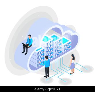 Cloud services isometric composition with icons of server racks inside big cloud with human characters vector illustration Stock Vector