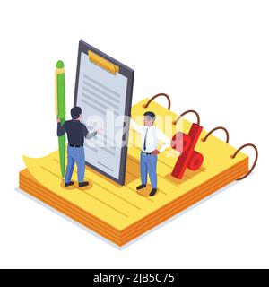 Isometric colored financial education literacy composition two men count percentages on finances vector illustration Stock Vector