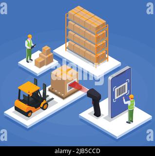 Modern warehouse isometric and colored concept worker reconciles boxes with bill of lading stand with boxes product scanning and stock car items on sq Stock Vector