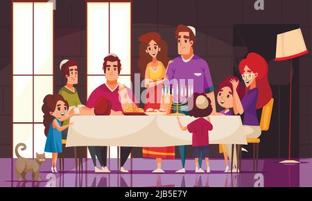 Happy family celebrating jewish holiday hanukkah with traditional food at home cartoon vector illustration Stock Vector