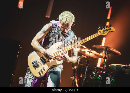 ZURICH, HALLENSTADION, OCTOBER 5TH 2016: Flea, bassist of the American funk rock band Red Hot Chili Peppers, performing live on stage for the Swiss leg of the “Getaway World Tour” Stock Photo