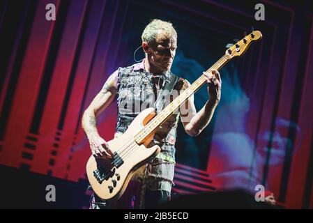 ZURICH, HALLENSTADION, OCTOBER 5TH 2016: Flea, bassist of the American funk rock band Red Hot Chili Peppers, performing live on stage for the Swiss leg of the “Getaway World Tour” Stock Photo