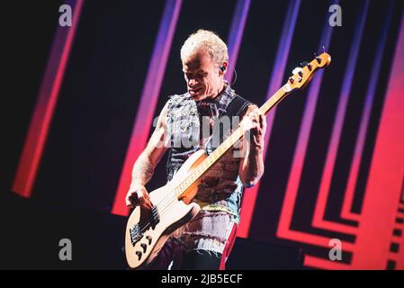 ZURICH, HALLENSTADION, OCTOBER 5TH 2016: Flea, bassist of the American funk rock band Red Hot Chili Peppers, performing live on stage for the Swiss leg of the “Getaway World Tour” Stock Photo