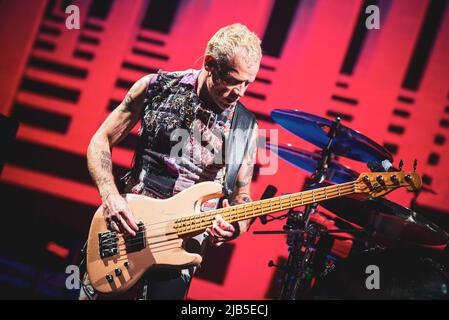 ZURICH, HALLENSTADION, OCTOBER 5TH 2016: Flea, bassist of the American funk rock band Red Hot Chili Peppers, performing live on stage for the Swiss leg of the “Getaway World Tour” Stock Photo