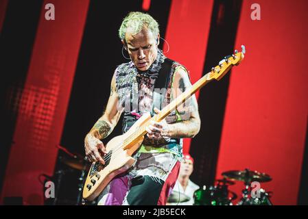 ZURICH, HALLENSTADION, OCTOBER 5TH 2016: Flea, bassist of the American funk rock band Red Hot Chili Peppers, performing live on stage for the Swiss leg of the “Getaway World Tour” Stock Photo