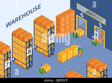 Isometric logistic horizontal composition with indoor view of warehouse building with stacks of boxes and workers vector illustration Stock Vector