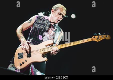 ZURICH, HALLENSTADION, OCTOBER 5TH 2016: Flea, bassist of the American funk rock band Red Hot Chili Peppers, performing live on stage for the Swiss leg of the “Getaway World Tour” Stock Photo