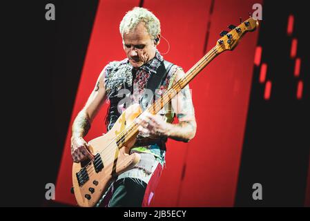 ZURICH, HALLENSTADION, OCTOBER 5TH 2016: Flea, bassist of the American funk rock band Red Hot Chili Peppers, performing live on stage for the Swiss leg of the “Getaway World Tour” Stock Photo