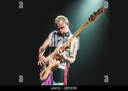 ZURICH, HALLENSTADION, OCTOBER 5TH 2016: Flea, bassist of the American funk rock band Red Hot Chili Peppers, performing live on stage for the Swiss leg of the “Getaway World Tour” Stock Photo