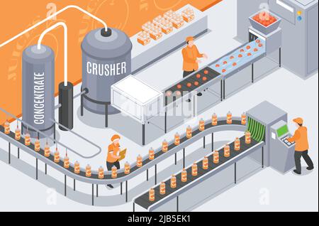 Isometric juice production composition with indoor view of plant department with conveyor line workers and bottles vector illustration Stock Vector
