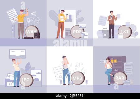 File set of six square compositions with flat human characters of professionals using different file extensions vector illustration Stock Vector