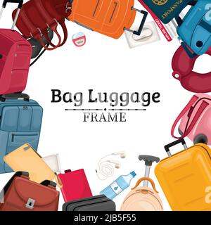 Bag luggage frame background with plastic suitcases travel bags and touristic items flat vector illustration Stock Vector
