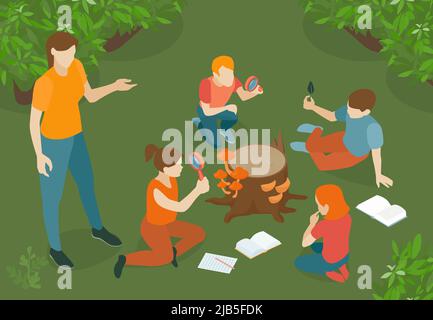 School college outdoor education nature forest fieldwork students observing mushrooms on tree stump isometric composition vector illustration Stock Vector
