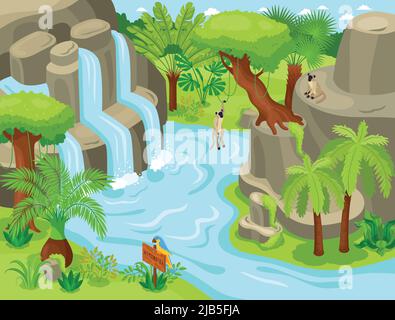 Isometric jungle animal composition with wild tropical landscape waterfall exotic trees and monkeys hanging on climbers vector illustration Stock Vector
