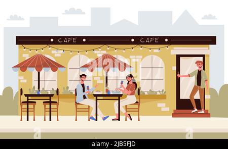A couple drinking wine on the summer terrace of a cafe flat vector illustration Stock Vector