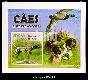 MOSCOW, RUSSIA - MAY 20, 2022: Postage stamp printed in Guinea-Bissau shows Block: German Shorthaired Pointer, Dogs serie, circa 2010 Stock Photo