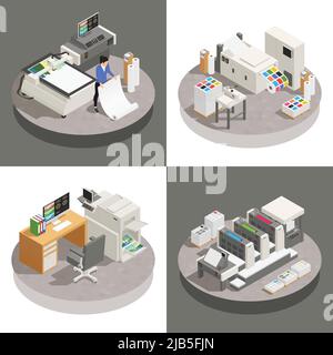 Printing house set of square compositions with isometric images of working places with electronic work stations vector illustration Stock Vector