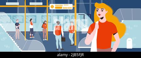 Subway station interior with young woman in foreground and people waiting for train flat vector illustration Stock Vector