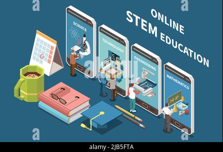 Online stem education isometric composition with 4 science technology engineering mathematics mobile screens textbooks coffee vector illustration Stock Vector