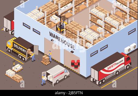 Modern industrial warehouse interior with storage racks facilities exterior with logistic delivery services isometric view vector illustration Stock Vector