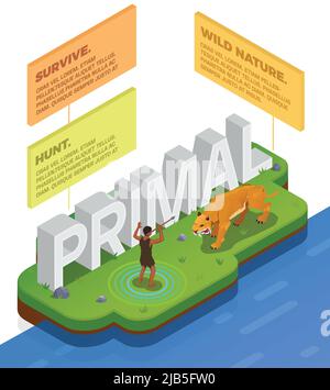 Caveman prehistoric primitive people infographics with scene of human hunting tiger and blocks with editable text vector illustration Stock Vector