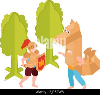 Kids playing wearing cardboard costumes of knight and dragon isometric vector illustration Stock Vector