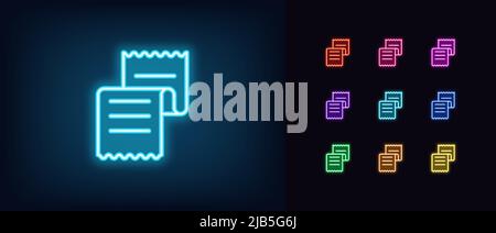 Outline neon receipt icon. Glowing neon invoice paper sign, digital receipt pictogram. Paper check, online payment and purchase, order document, total Stock Vector