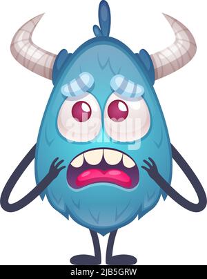 Upset blue cartoon monster character with horns and thin arms and legs vector illustration Stock Vector