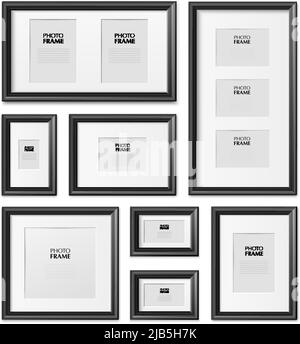 Thin black rectangular picture frames different sizes dimensions from wood metal plastic realistic mockup set vector illustration Stock Vector