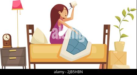 Woman taking sleeping pills in bed flat vector illustration Stock Vector